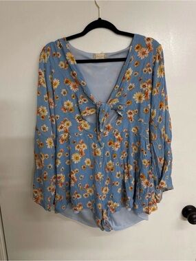 Altar'd State Blue Floral Tie-Front Peasant Blouse